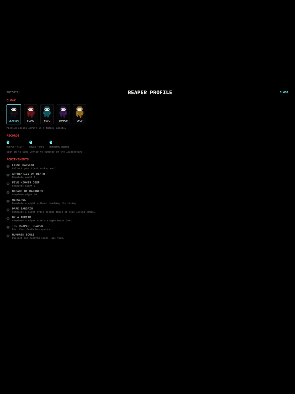 Reaper profile on iPad showing the cloak picker with five colorways and the records panel underneath.