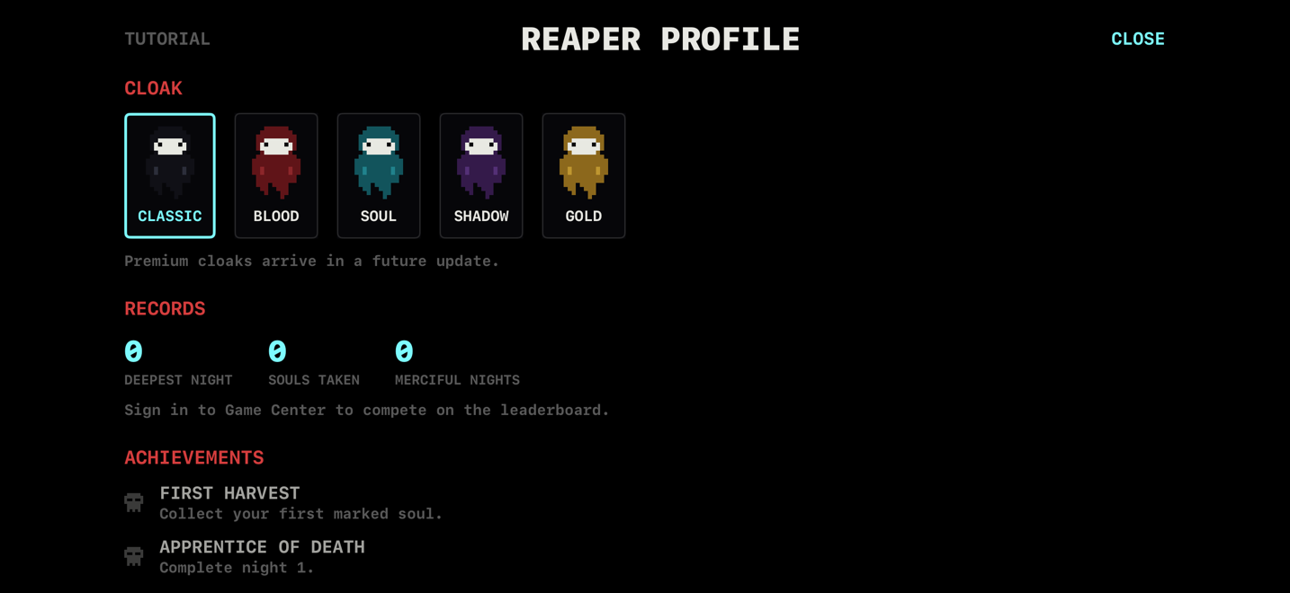 Reaper profile screen showing cloak colorways and records for deepest night, souls taken, and merciful nights.