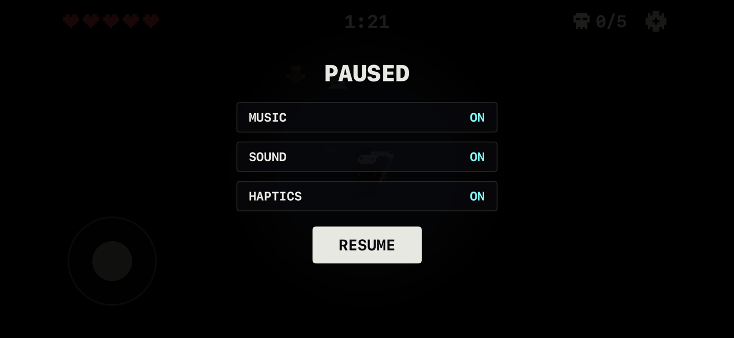Paused screen with music, sound, and haptics toggles and a resume button.
